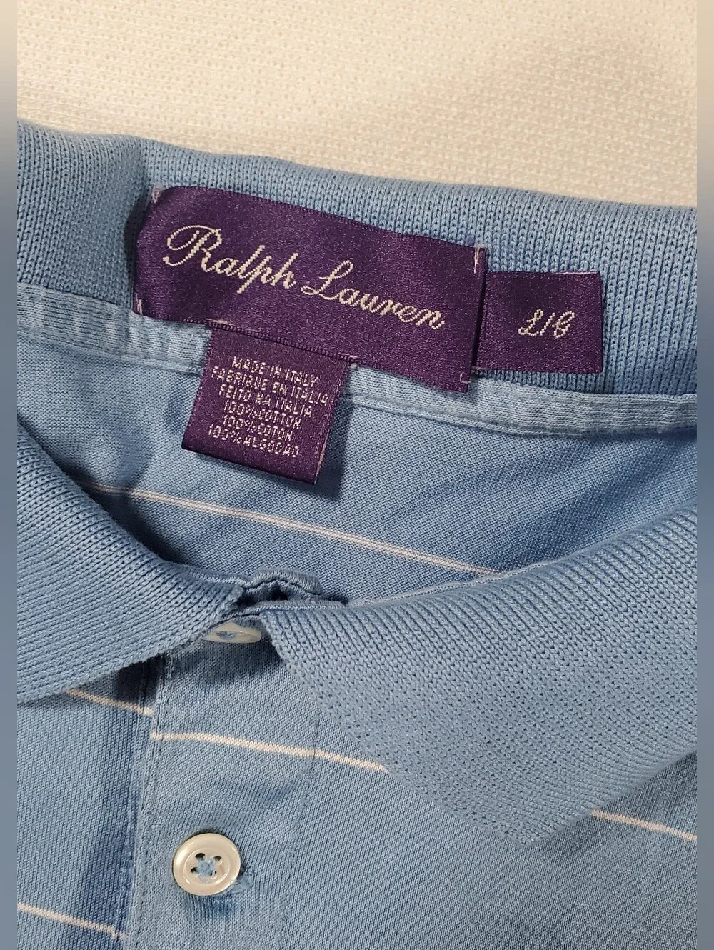 Ralph Lauren Purple Label Blue Striped 100% Cotton Polo Shirt Sz L Made In Italy